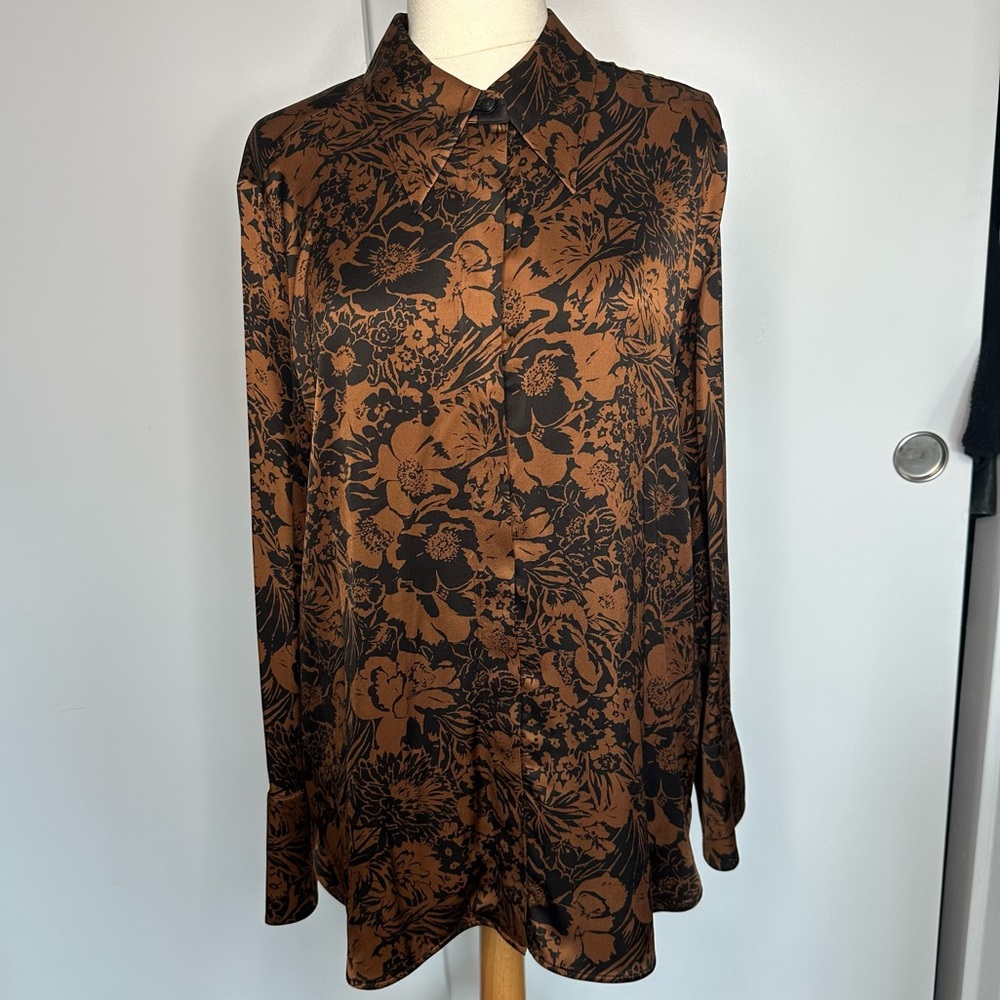 COS Oversized Floral Print Satin Shirt in Black and Brown